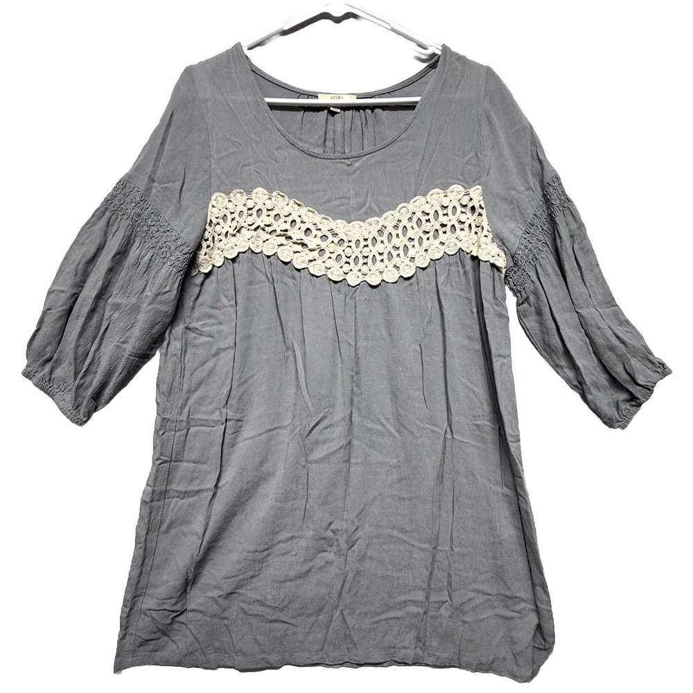 Kori America Tunic Top Women Small Gray Lace Front Ballon Sleeve Boho Round Neck